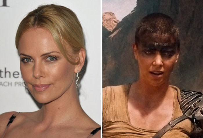 Actriz Charlize Theron antes y después de raparse la cabeza para el papel de Fury