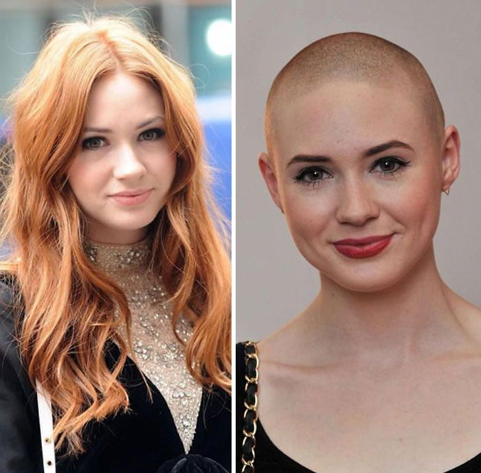 Karen Gillan antes y después de afeitarse la cabeza