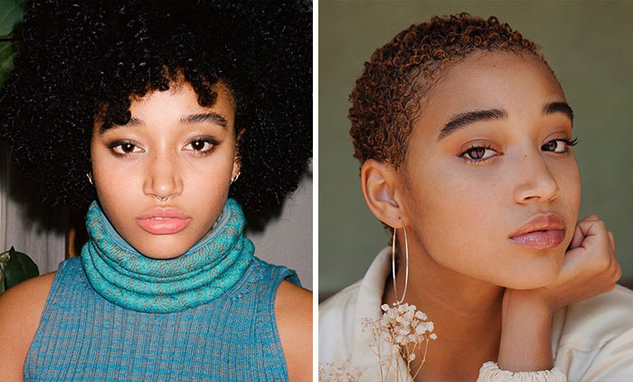 Actriz Amandla Stenberg antes y después de raparse su cabellera rizada