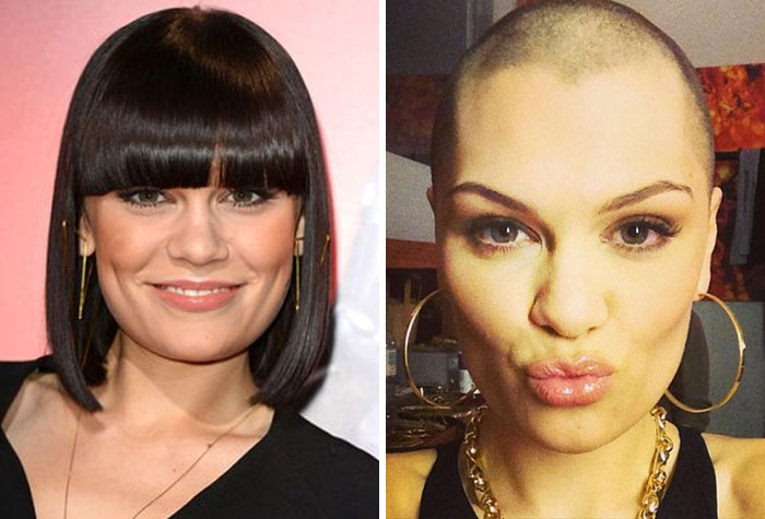 Cantante Jessie J antes y después de afeitarse la cabeza