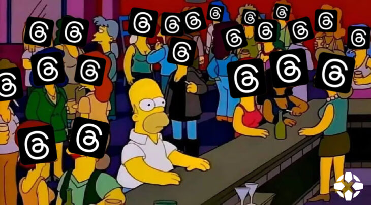 Meme de Homero en la taberna de Moe con personas con la cara del logo de la app Threads