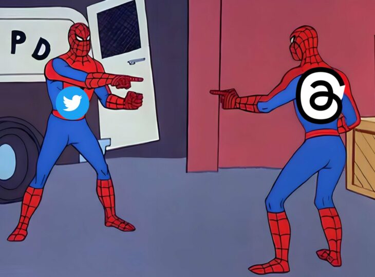meme de dos spiderman con los logos de Twitter y Threads
