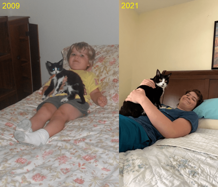 hombre cargando a su gato; Fotos antes y ahora que nos traen el aroma de la nostalgia