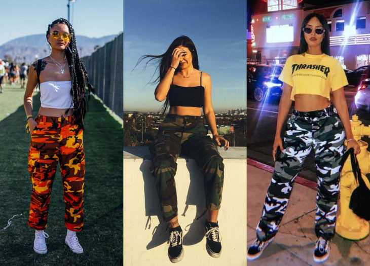Ropa trendy; outfits con pantalones de camuflaje en verde, anaranjado y blanco; chica morena con trenzas afroamericanas