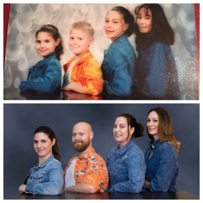 fotografía de unos hermanos en su infancia y una foto recreada 15 años después