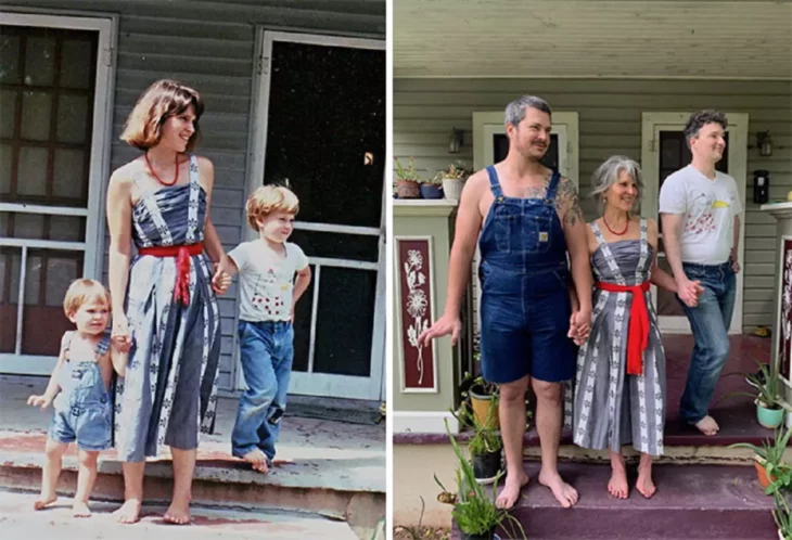 fotografía de una mujer con sus hijos de pequeños y otra imagen recreada años después