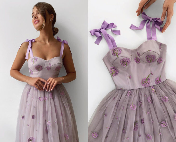 Larne Studio crea hermosos vestidos de corsé; morado lila, flores hortensias, tul