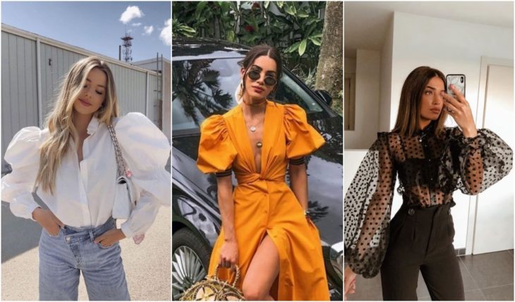Chicas mostrando la última tendencia en moda con blusas y vestidos con mangas voluminosas en colores blanco, mostaza y negro
