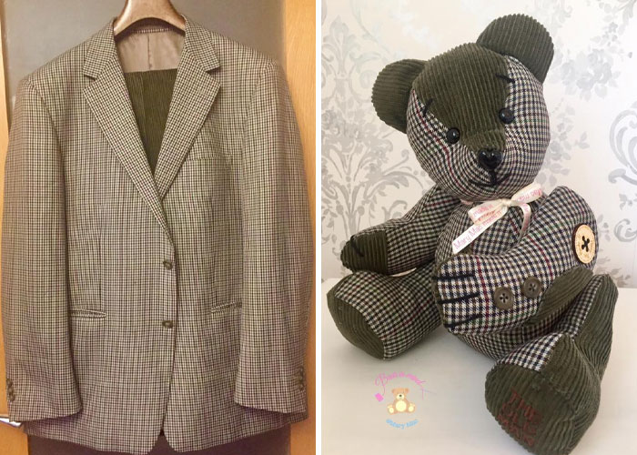 Osito de peluche hecho con pedazos de prendas de personas fallecidas