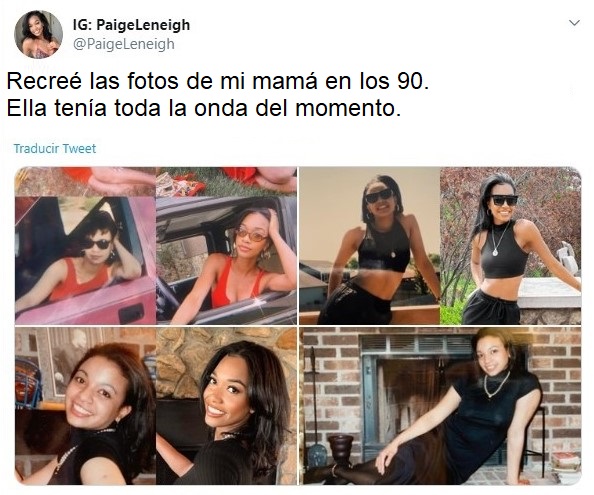 Chica recreando fotos de su madre con vestido rojo, crop top negro y leggings negros