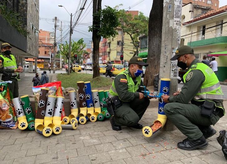 Policías en Medellín instalan comederos para perros callejeros