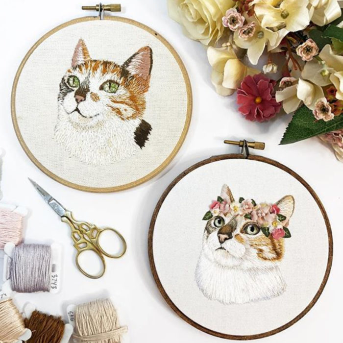 Retratos bordados por Michelle Staub; bordado de gatos, antes y después