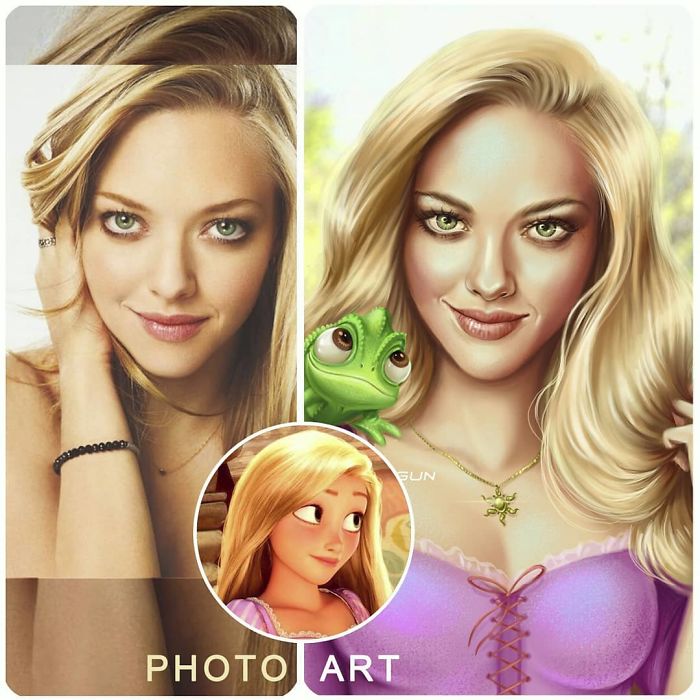 Amanda Seyfrien como Rapunzel ilustrada por Helen Morgun