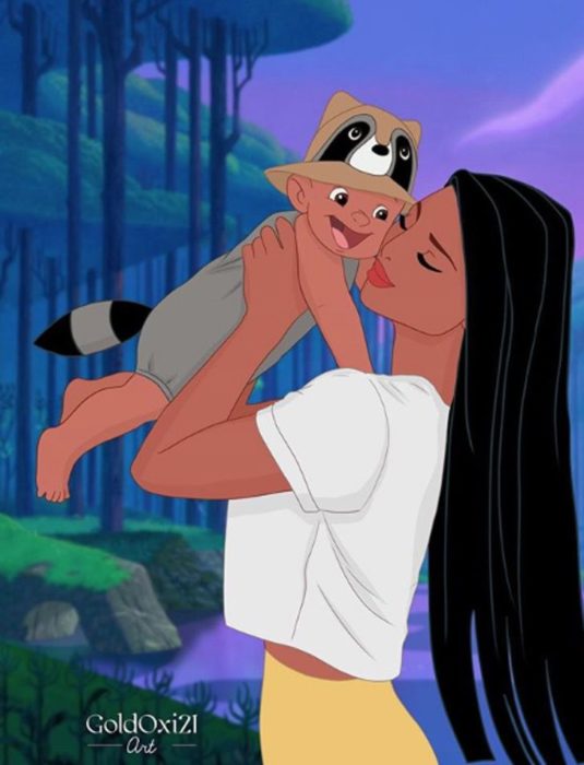 Ilustración de Pocahontas como mamá de la ilustradora rusa Oksana Paschenko