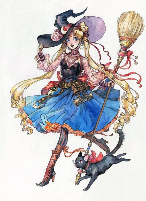 Ilustración de Kutty Sark transformando a Usagi Tsukino en bruja