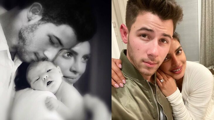 Priyanka Chopra y Nick Jonas con su bebé