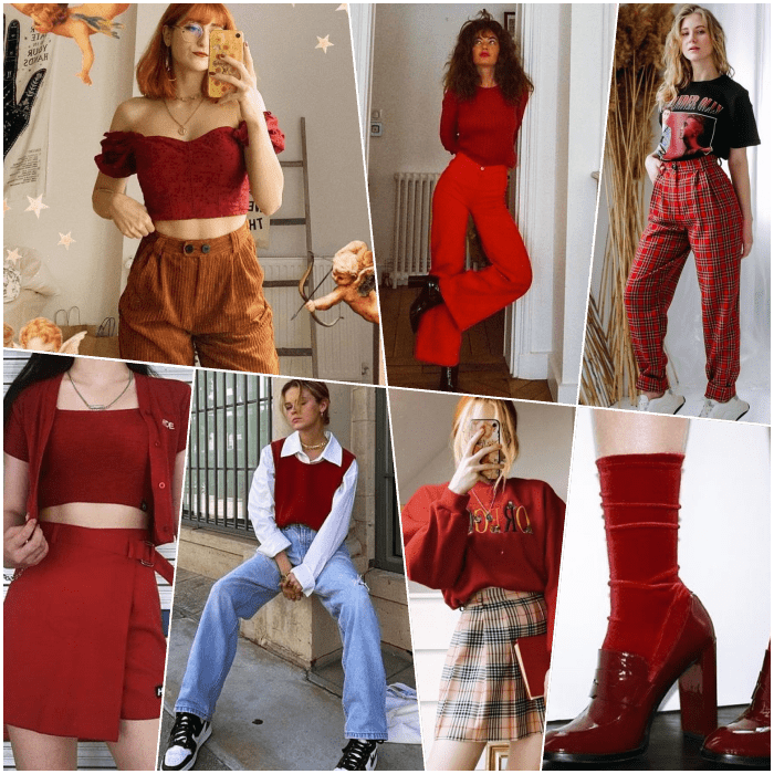chicas de cabello largo rubio, castaño, pelirrojo con un top rojo, minifalda, pantalones, jeans, botines, crop tops, pantalones