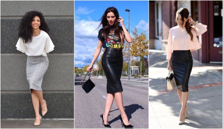 Chicas usando falda lápiz con blusas sueltas