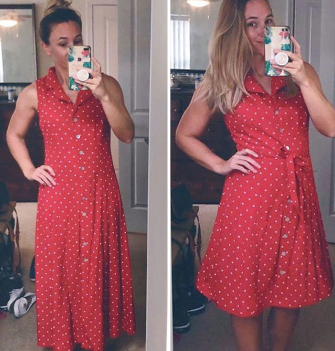 Chica antes y después de convertir un vestido rojo con puntos blancos