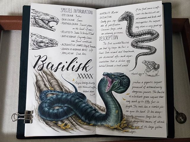 Ilustración del artista hazelnut_lz, inspirada en las criaturas mágicas de Harry Potter, Basilisco