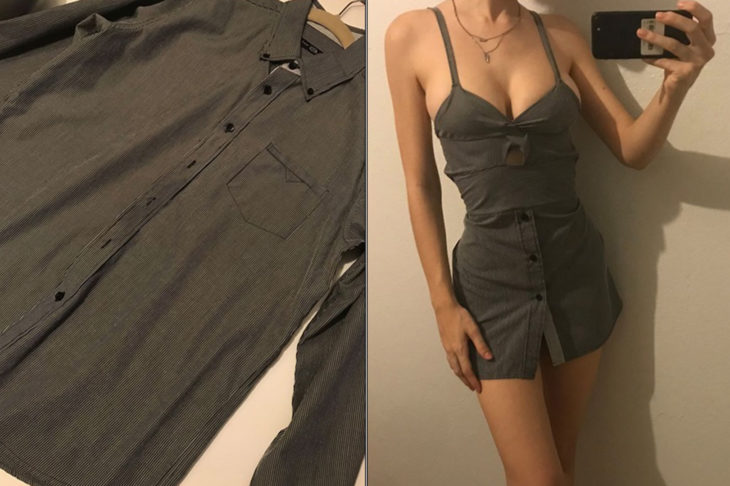 Chica con un vestido modificado hecho con una camiseta