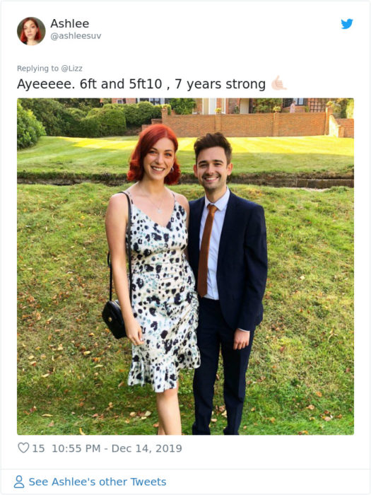 Comentario en Twitter sobre mujer que se casó con un chico más bajo que ella
