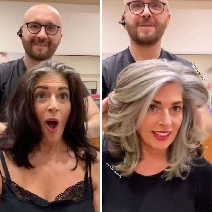 Jack Martin, estilista, junto a una de sus clientas mostrando su antes y después de un cambio de look