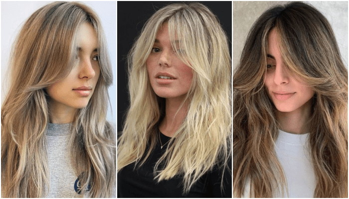 chicas rubias con corte de cabello largo, fleco largo y con volumen