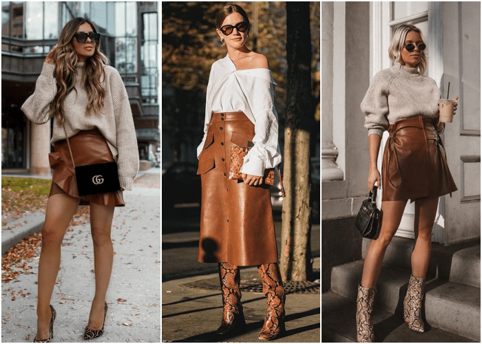 chicas rubias con blusas tops blancos, faldas mini y midi de color café con tacones, botas y botines de cuero, y lentes de sol