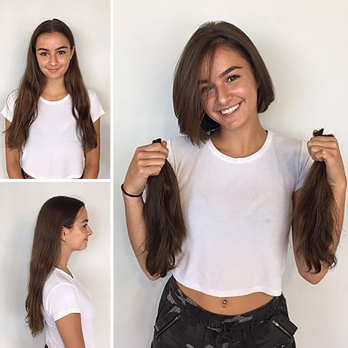 Chica antes y después de cortar su cabello hasta por encima de los hombros