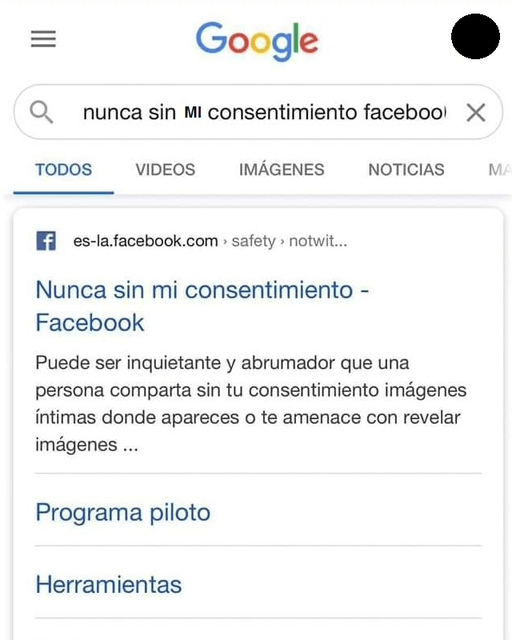 Búsqueda en google sobre el programa de facebook nunca sin mi consentimiento