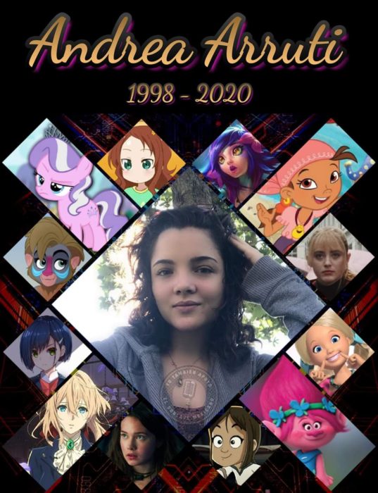 Andrea Arruti junto a sus personajes más célebres en doblaje