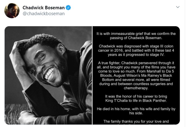 Comunicado en twitter sobre la muerte del actor Chadwick Boseman
