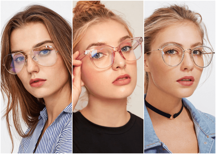 chica rubia usando lentes anteojos con marco dorado metálico, camisa de vestir azul con líneas blancas