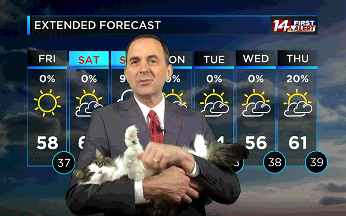 Jeff Lyons meteorólogo cargando a un gato en brazos