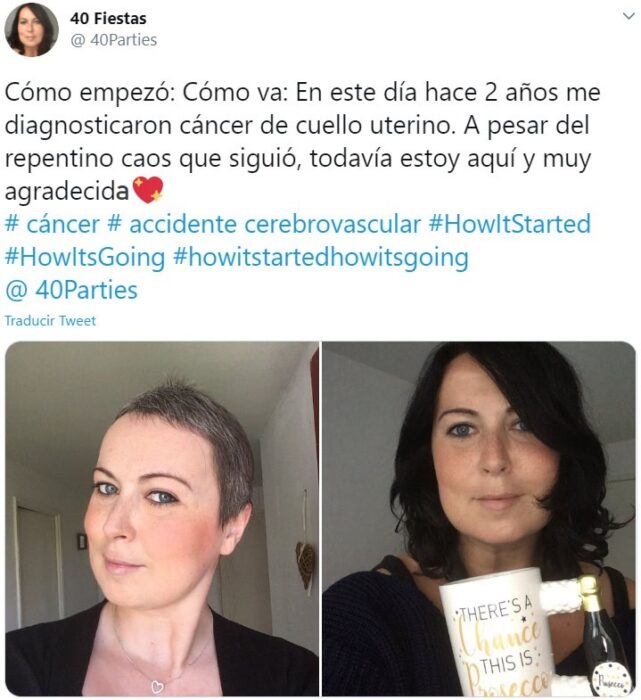 Captura de Twitter de una mujer participando en el reto "Cómo empezó vs Cómo terminó" en su lucha contra el cáncer