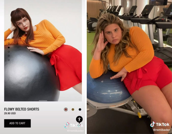 Chica con conjunto naranja; Recrea poses de las modelos de Zara para mostrar lo ridículas que son