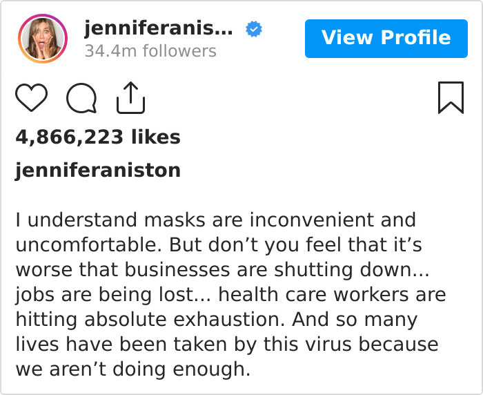 Publicación de Jennifer Aniston para instar al uso de cubreboca