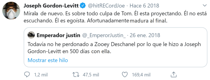 Screenshot de Twitter con la respuesta de Gordon-Levitt a un usuario