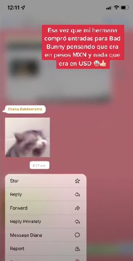 Conversación en WhatsApp sobre chica que compró por error boletos para Bad Bunny