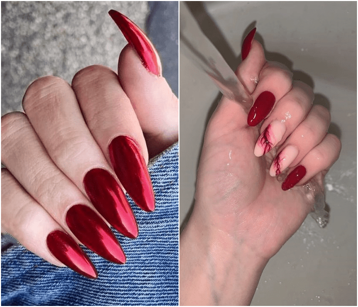 manicura con colores rojos intensos y brillantes