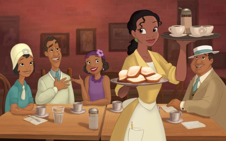 Tiana de la princesa y el sapo trabajando en una cafetería