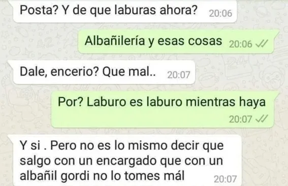 Mensaje por whatsapp; rechaza a hombre por ser albañil y se vuelve viral