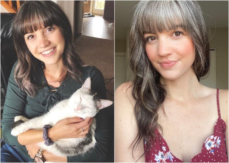 Chica mostrando su cabellera; Chica de 26 años decide dejar de luchar contra sus canas y su melena luce hermosa