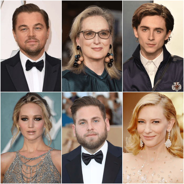 leonardo dicaprio, meryl streep, timothée chalamet, jennifer lawrence, jonah hill y cate blanchet