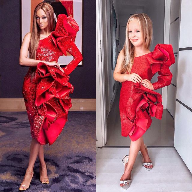 Alya, niña, recreando vestuario de Tyra Banks ; Niña de 6 años recrea los mejores looks de alfombra roja de las celebs