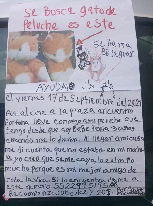 Cartel ofreciendo recompensa por un peluche perdido