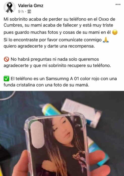 Publicación en facebook para encontrar un celular perdido