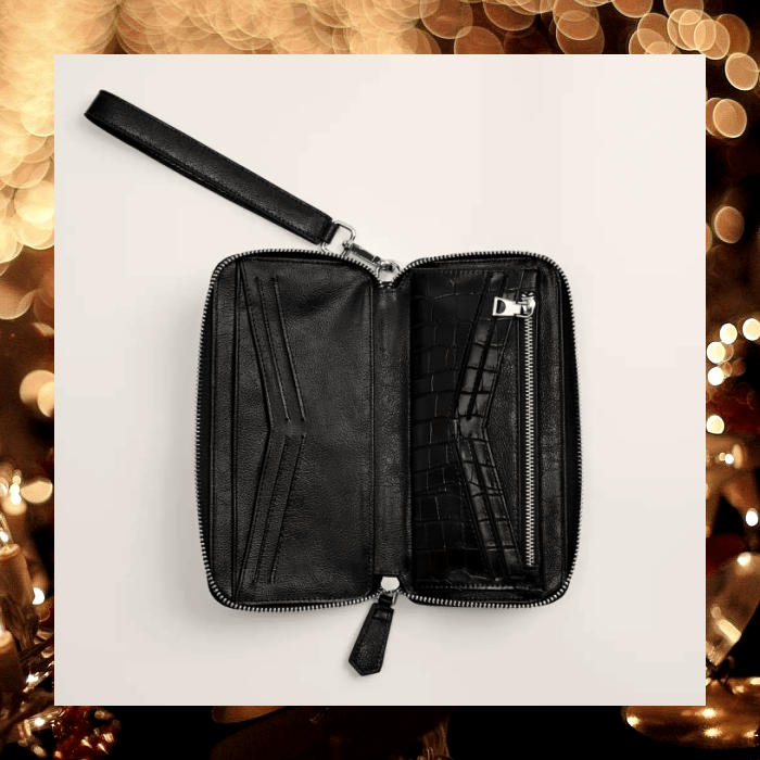 cartera negra de cuero para hombre con correas y zipper plateado