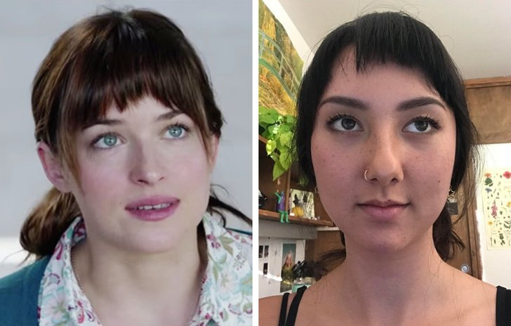 Chica comparando su flequillo con el de Dakota Johnson 